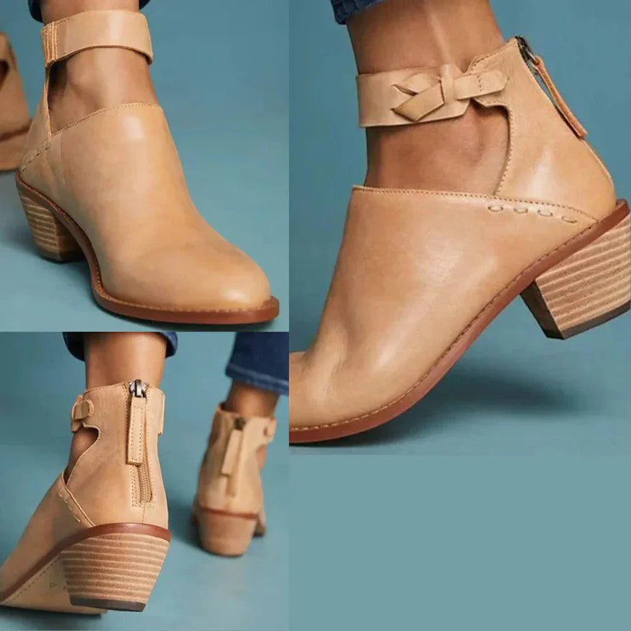 Women's leather ankle boots – Block heel, rear zip fastening