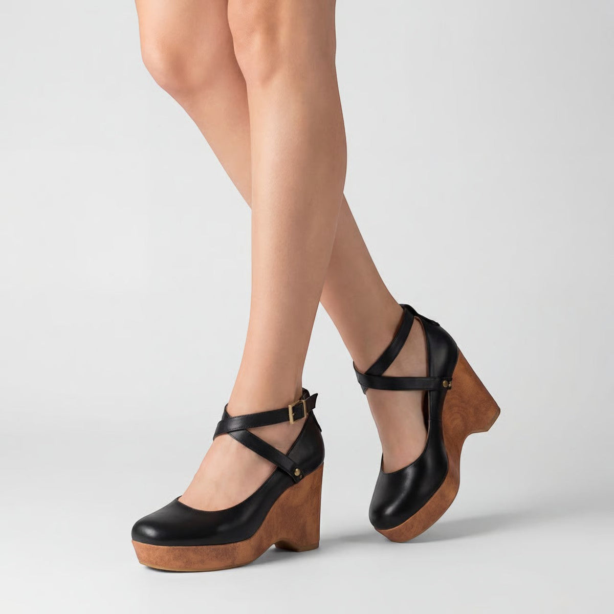 Women's leather platform wedge sandals – Ankle strap block heel