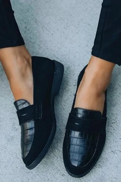 Women's Black Leather Slip-On Loafers – Round Toe Comfort