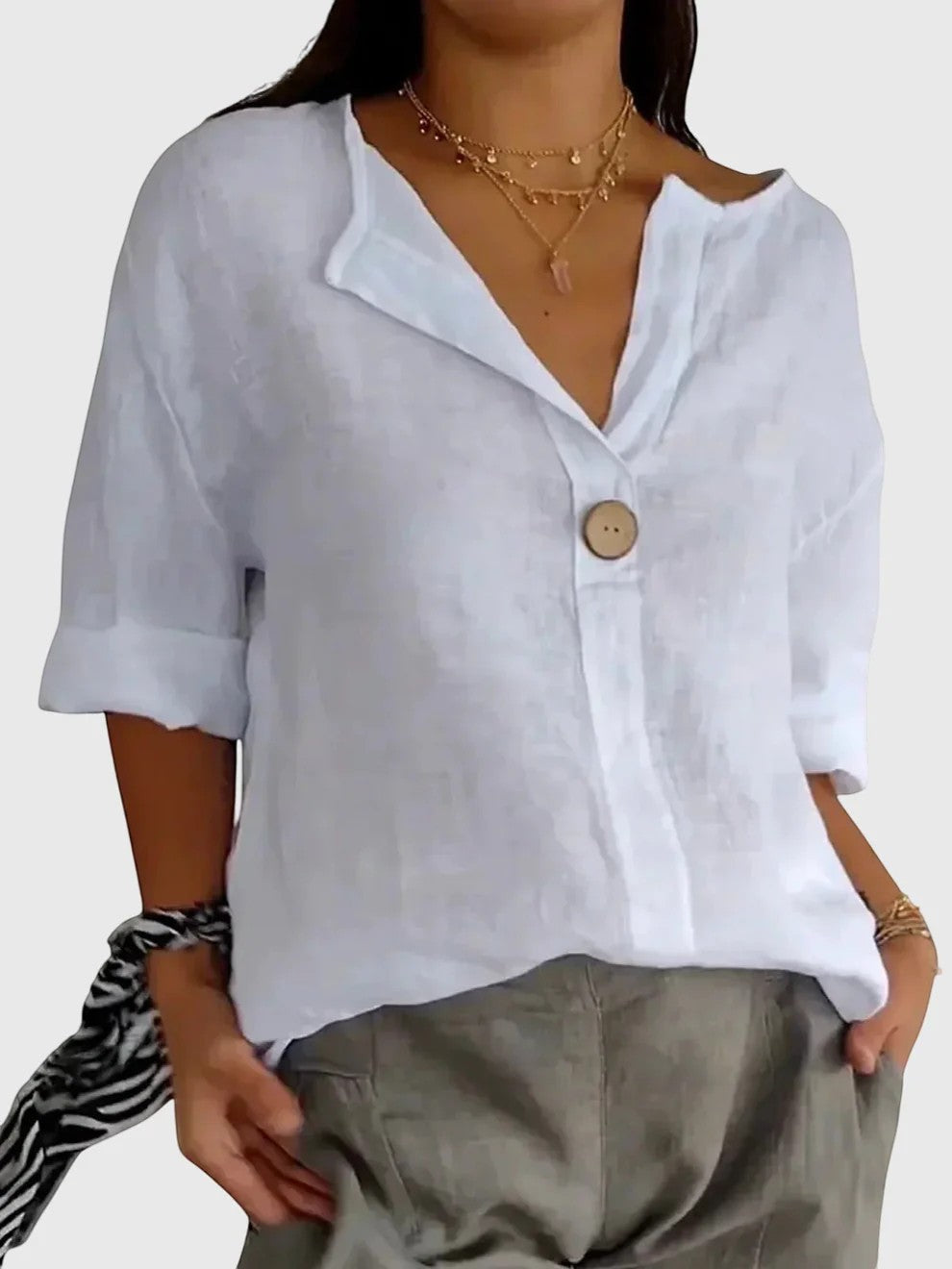 Women's Linen V-Neck Button-Down Blouse – Lightweight Loose Breathable Fit