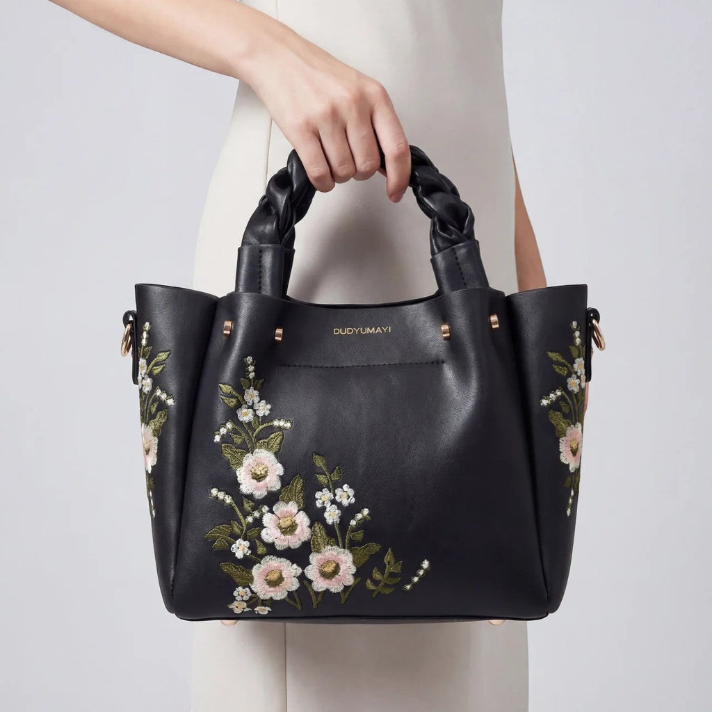 Women's leather tote bag with floral embroidery – medium-sized structured shoulder bag