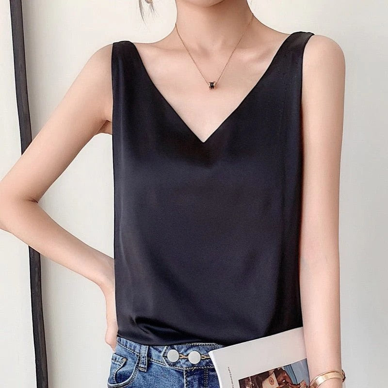 Women’s V-Neck Silk Top – Relaxed Sleeveless Fit | 100% Silk