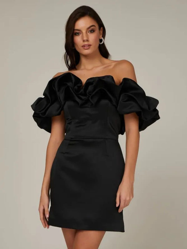 Women's Satin Off-Shoulder Mini Dress – Fitted Ruffled Cut
