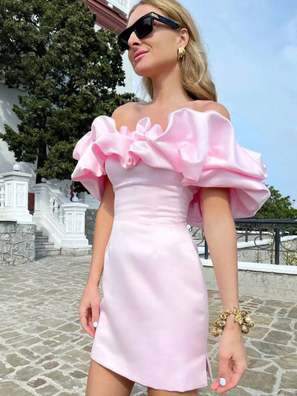 Women's Satin Off-Shoulder Mini Dress – Fitted Ruffled Cut