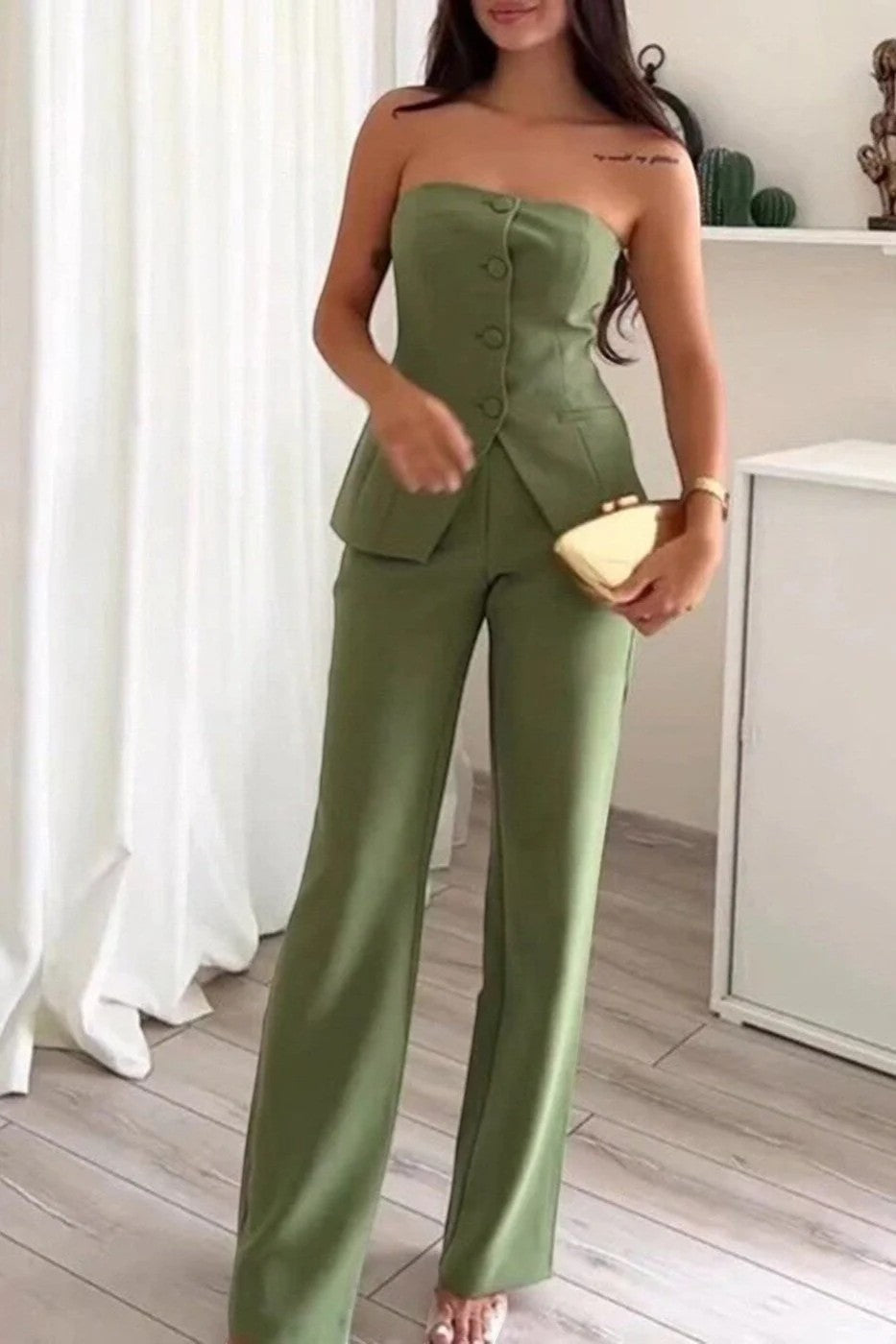 Calder Mayne | Women's Two-Piece Strapless Woven Fabric Trouser Suit