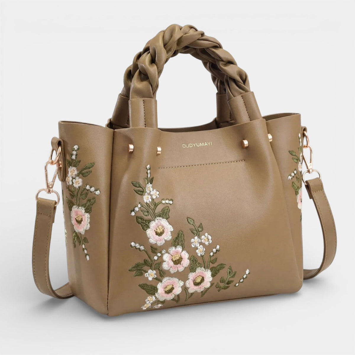 Women's leather tote bag with floral embroidery – medium-sized structured shoulder bag