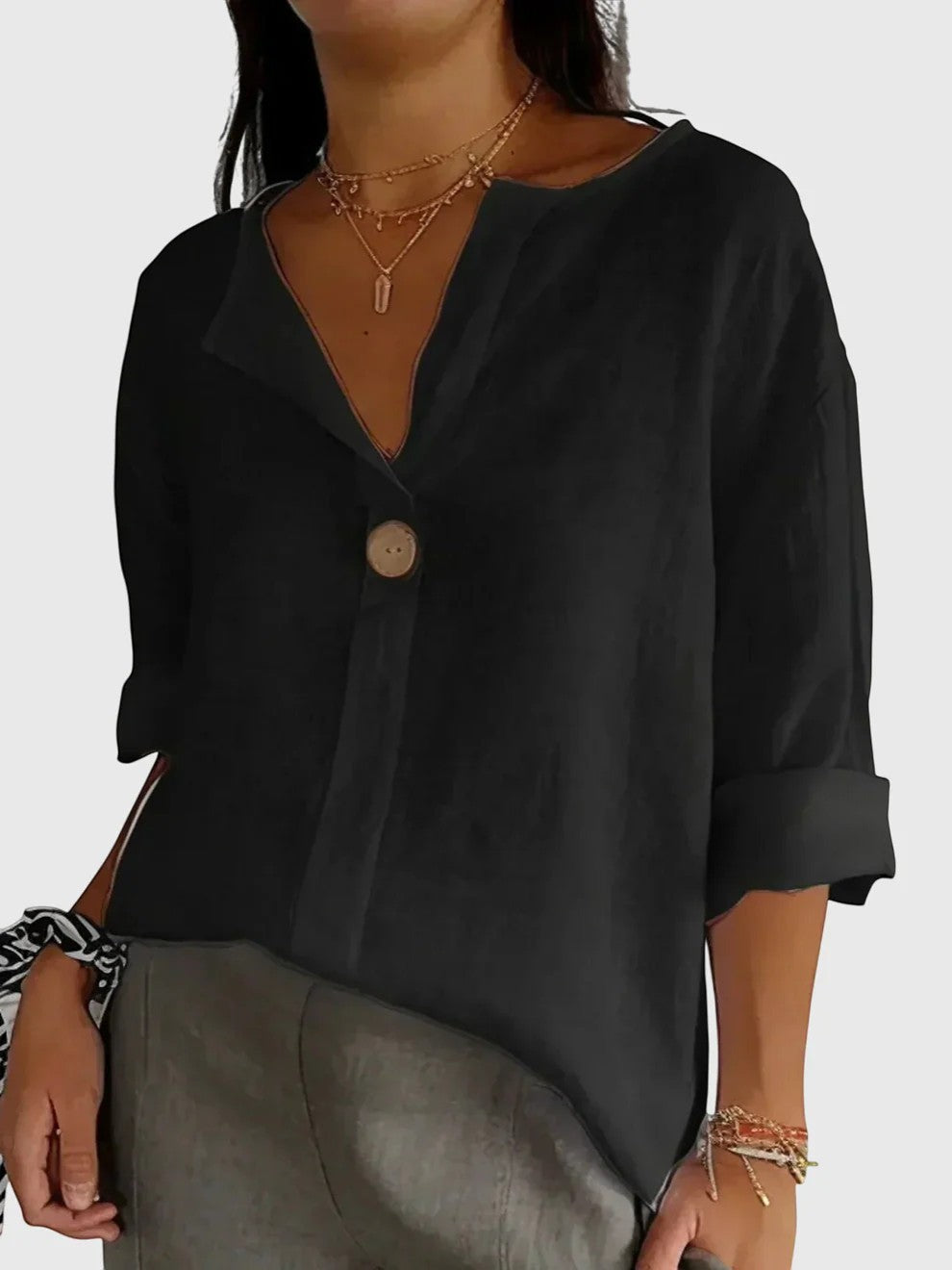 Women's Linen V-Neck Button-Down Blouse – Lightweight Loose Breathable Fit