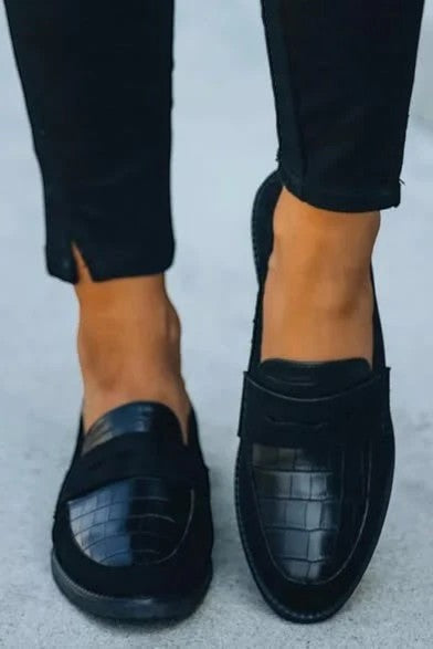 Women's Black Leather Slip-On Loafers – Round Toe Comfort