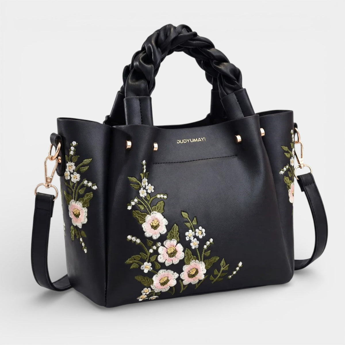 Women's leather tote bag with floral embroidery – medium-sized structured shoulder bag