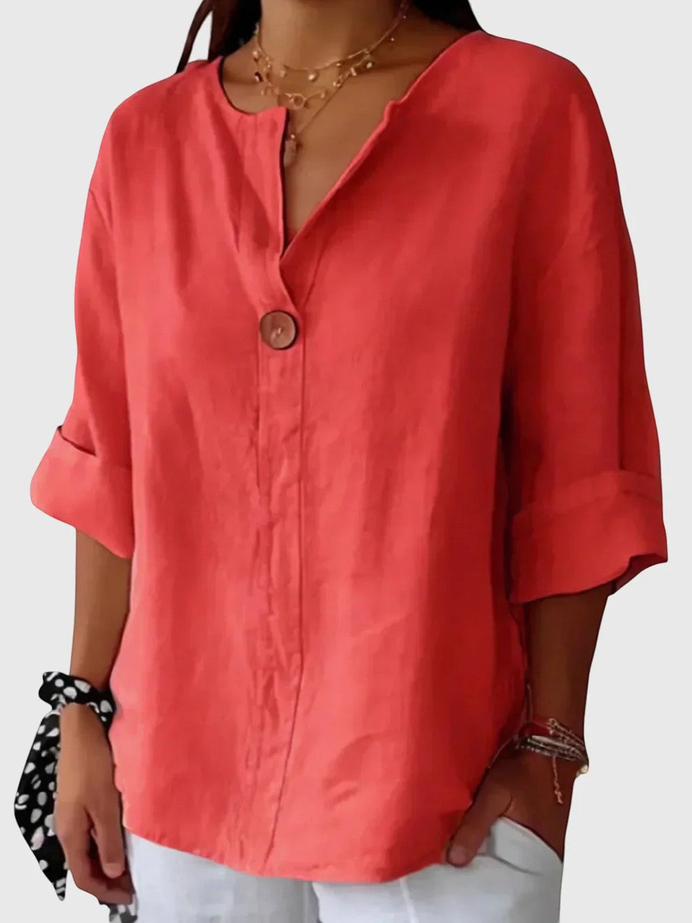 Women's Linen V-Neck Button-Down Blouse – Lightweight Loose Breathable Fit
