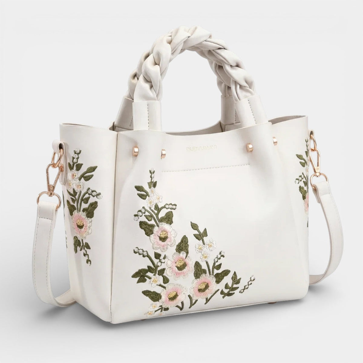 Women's leather tote bag with floral embroidery – medium-sized structured shoulder bag