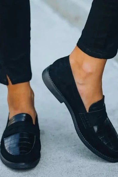 Women's Black Leather Slip-On Loafers – Round Toe Comfort
