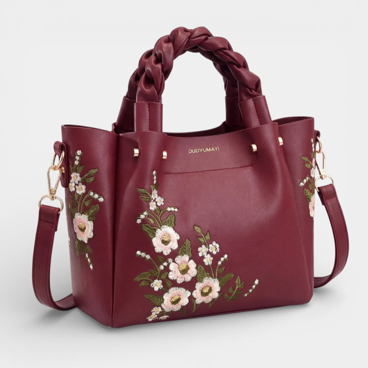 Women's leather tote bag with floral embroidery – medium-sized structured shoulder bag