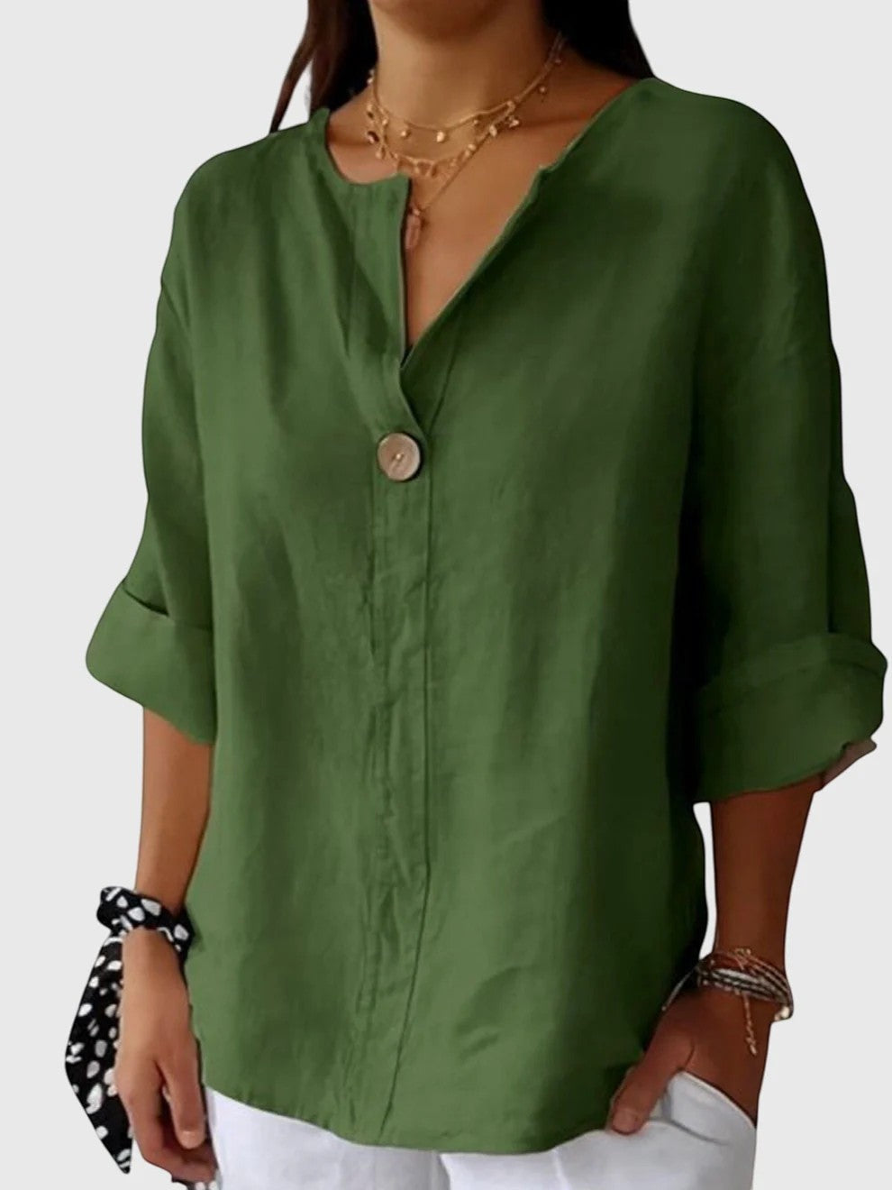 Women's Linen V-Neck Button-Down Blouse – Lightweight Loose Breathable Fit