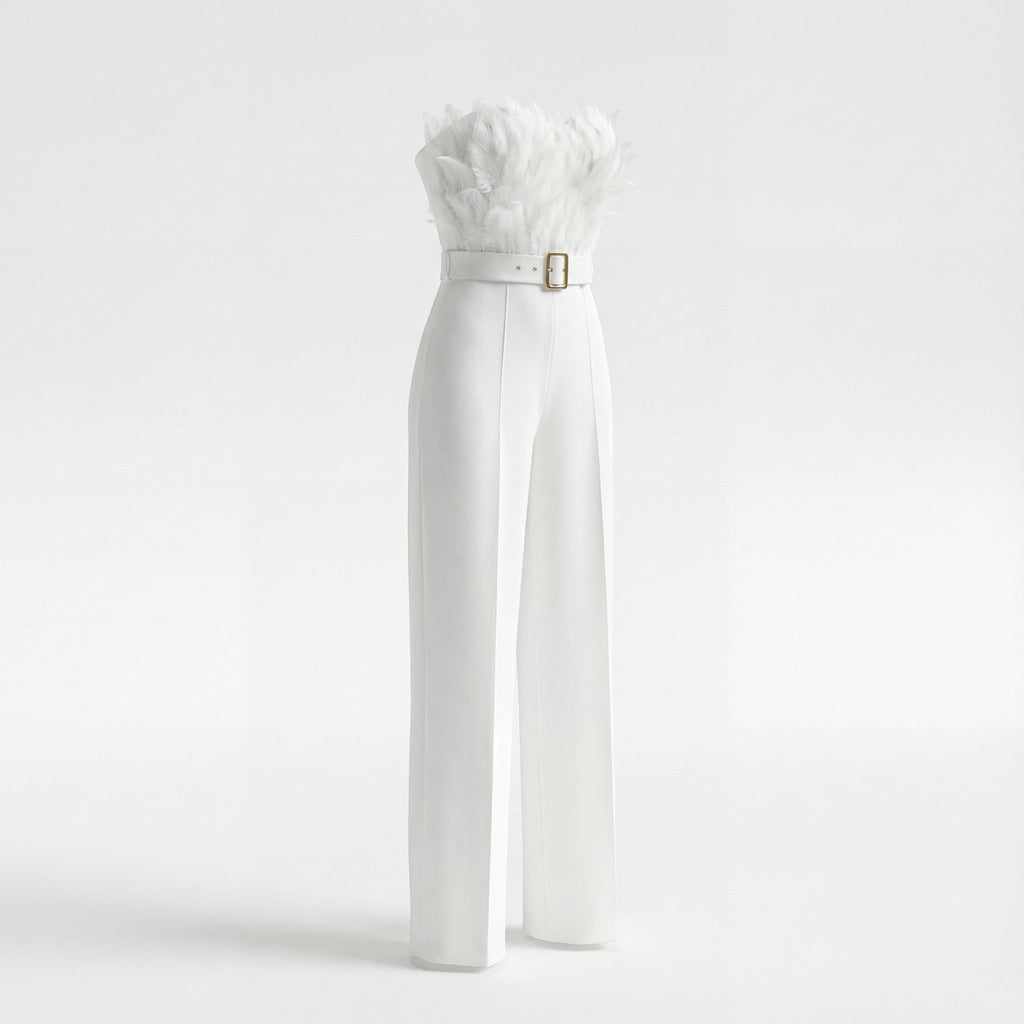 Women's strapless fabric jumpsuit – Fitted with feathers