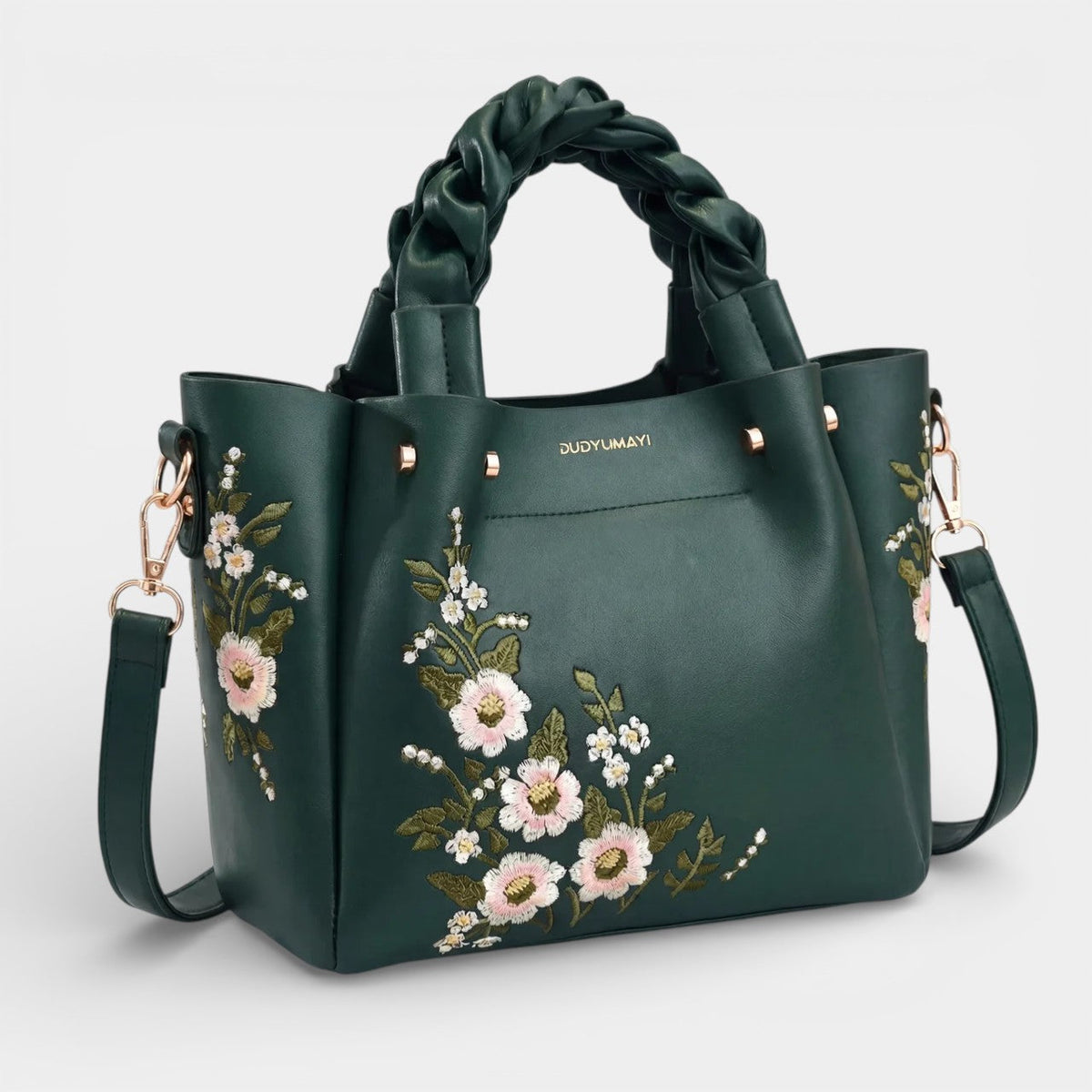 Women's leather tote bag with floral embroidery – medium-sized structured shoulder bag