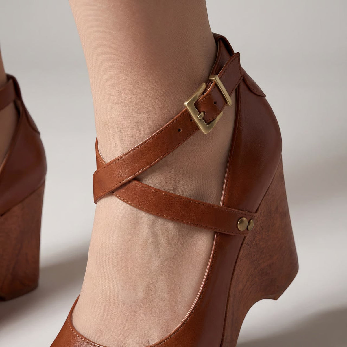 Women's leather platform wedge sandals – Ankle strap block heel