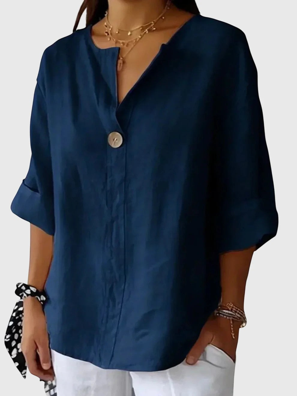 Women's Linen V-Neck Button-Down Blouse – Lightweight Loose Breathable Fit