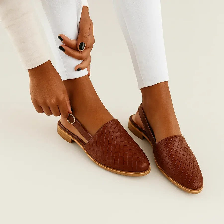 Women's flat leather slingback sandals – Pointed toe, buckle strap