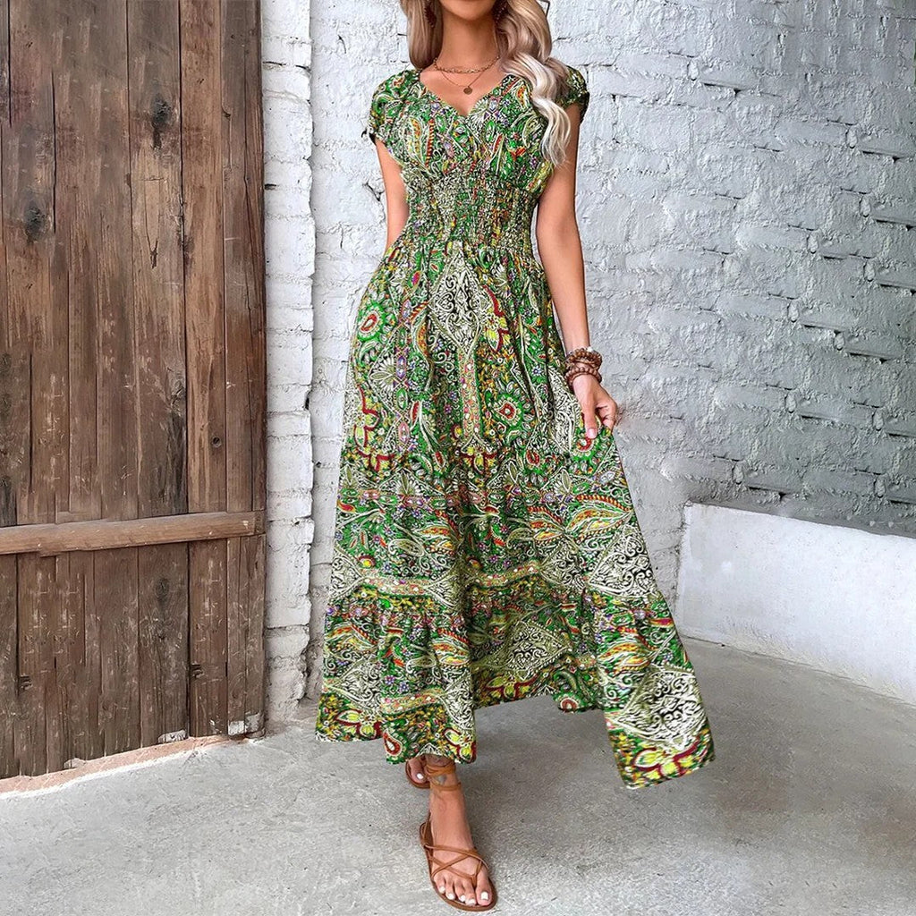 Women’s Bohemian V-Neck Maxi Dress – Relaxed Fit Fluid Skirt | Lightweight Woven Fabric