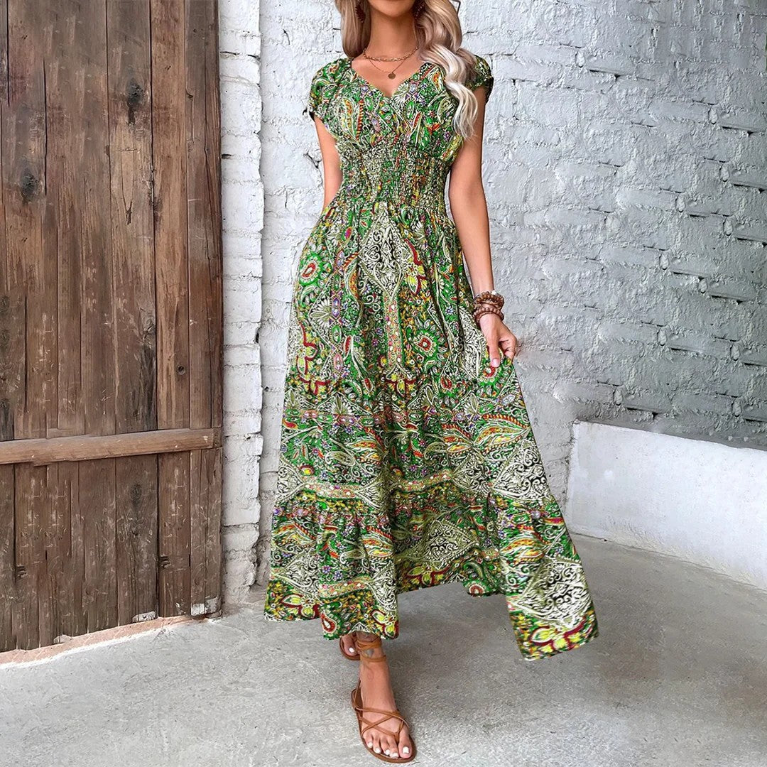 Women’s Bohemian V-Neck Maxi Dress – Relaxed Fit Fluid Skirt | Lightweight Woven Fabric