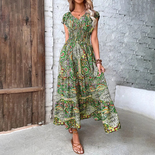 Women’s Bohemian V-Neck Maxi Dress – Relaxed Fit Fluid Skirt | Lightweight Woven Fabric