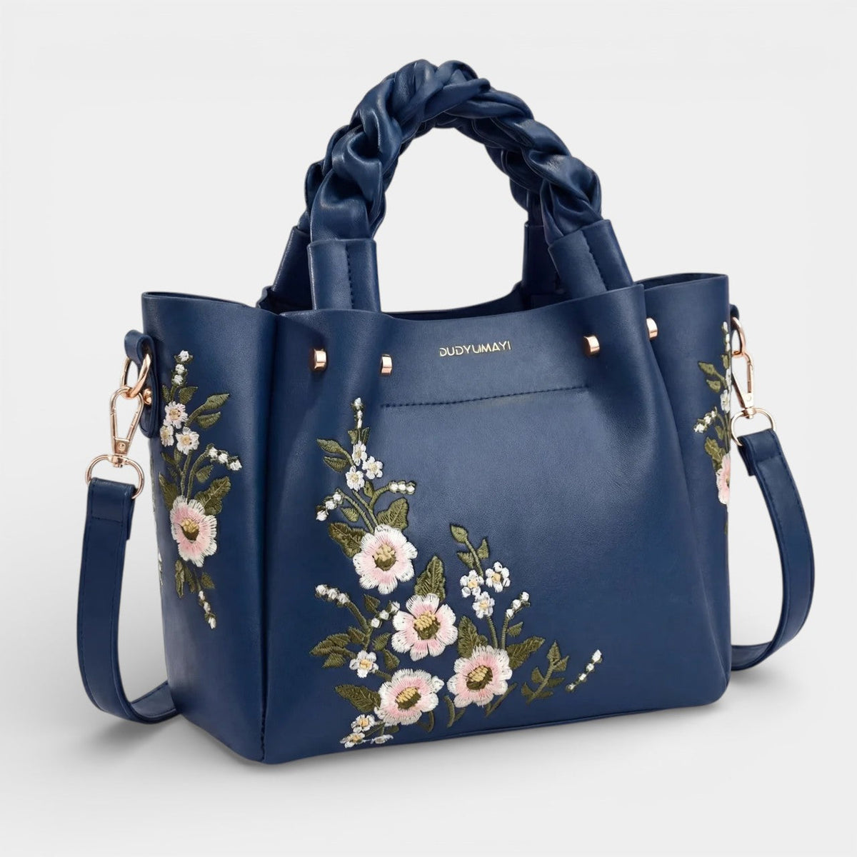 Women's leather tote bag with floral embroidery – medium-sized structured shoulder bag