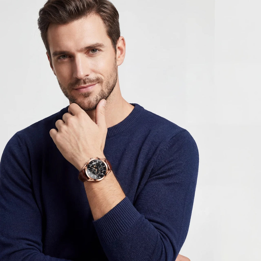 Men's quartz watch with leather strap – Chronograph design