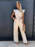 Women’s Wide-Leg Jumpsuit – High Waist with Tie Belt | Fluid Draped Woven Fabric