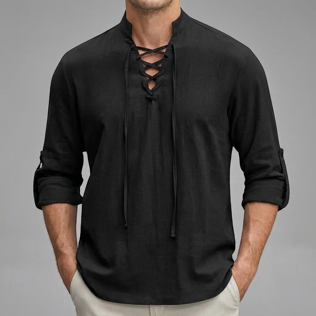 Men's linen stand-up collar lace-up shirt – Relaxed fit