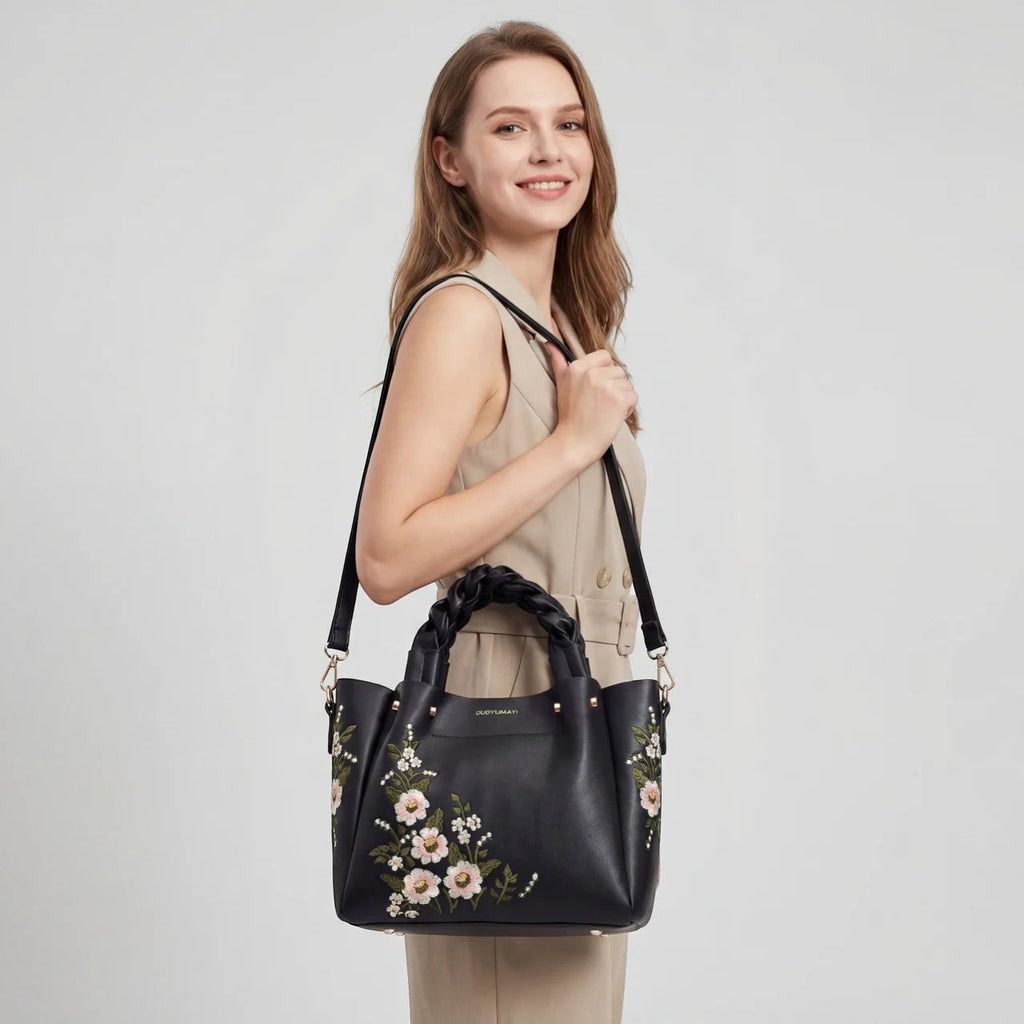 Women's leather tote bag with floral embroidery – medium-sized structured shoulder bag