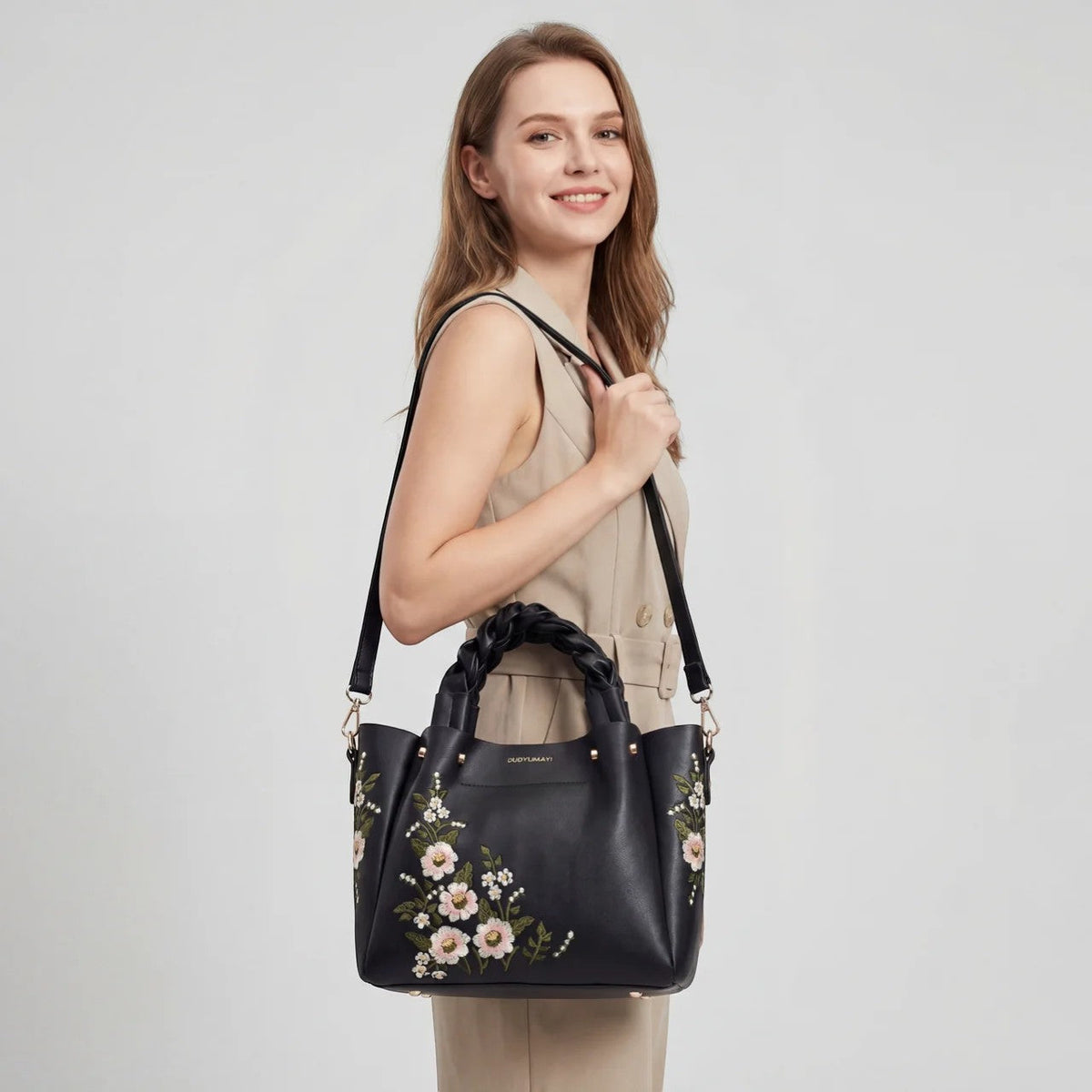 Women's leather tote bag with floral embroidery – medium-sized structured shoulder bag