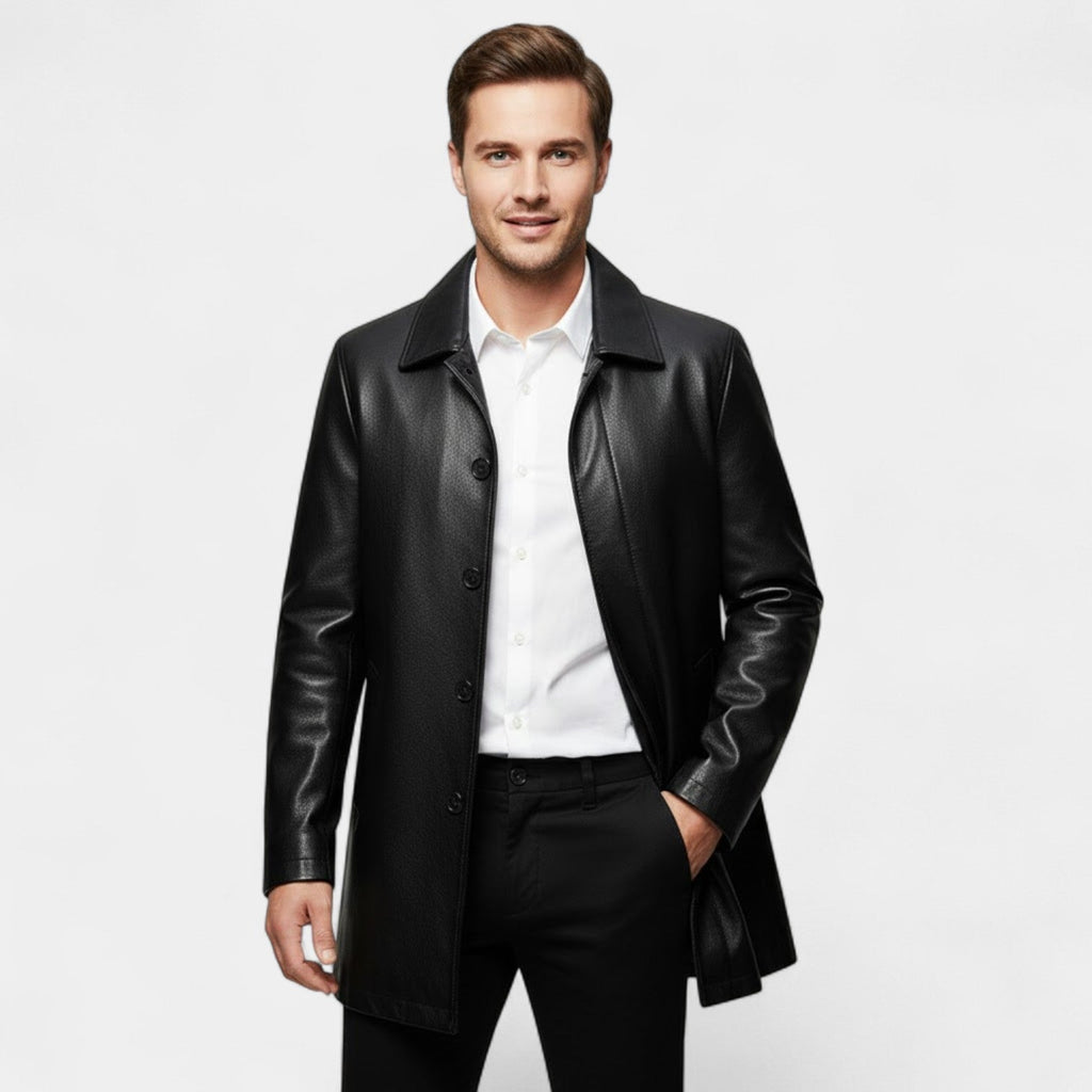 Calder Mayne | Men's Leather Coat with Lapels – Quilted Winter Fleece Parka