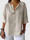 Women's Linen V-Neck Button-Down Blouse – Lightweight Loose Breathable Fit