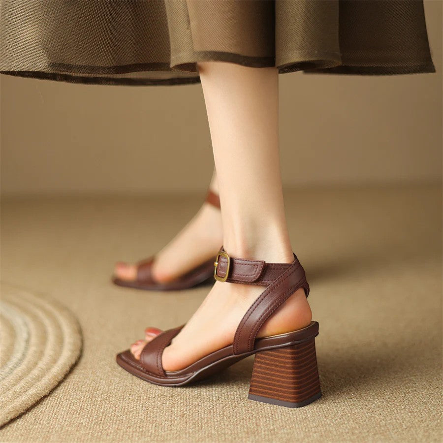 Women's Leather Heeled Sandals – Square Toe Adjustable Strap