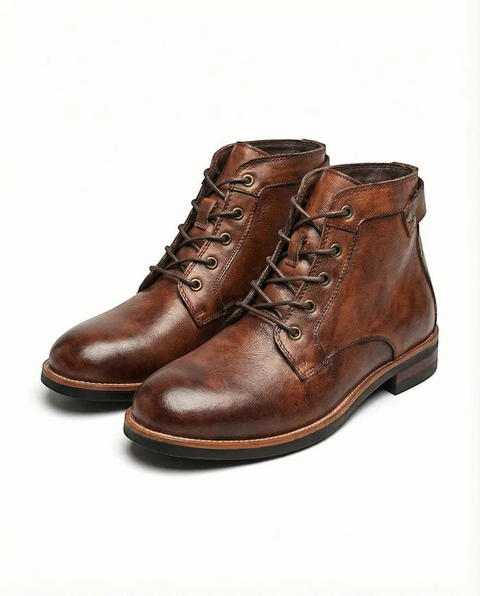 Men's lace-up cowhide leather boots – Round toe ankle support
