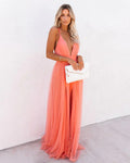 Women’s V-Neck Maxi Dress – Fitted Waist, Fluid Skirt | Airy Peach Draped Fabric