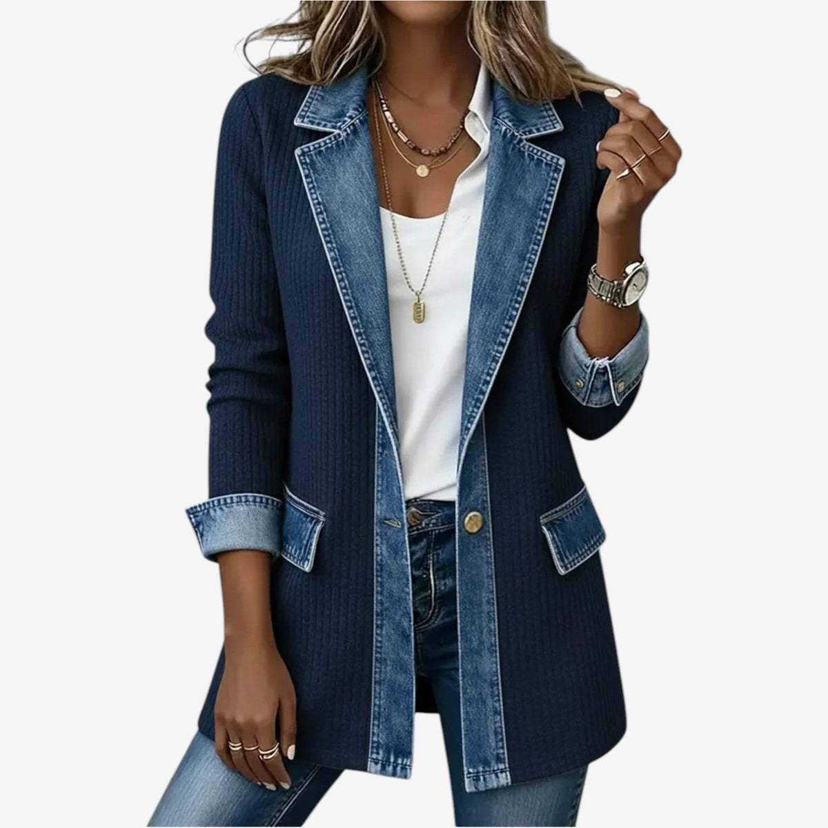 Women's Soft Knit Blazer – Denim Trim and Long Silhouette