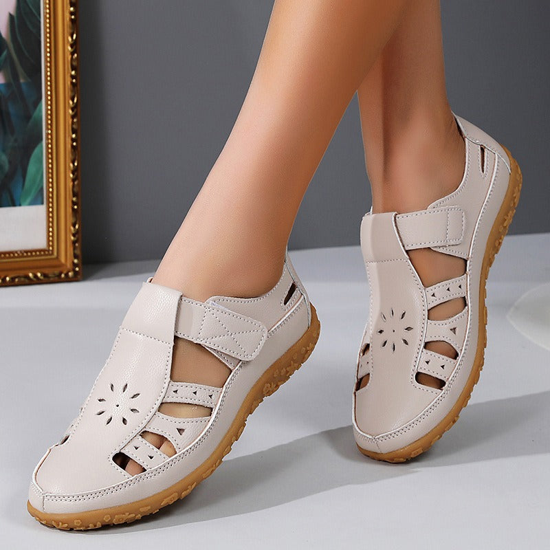 Women's Closed-Toe Sandals – Cutout Upper with Contrasting Topstitching Velcro Closure