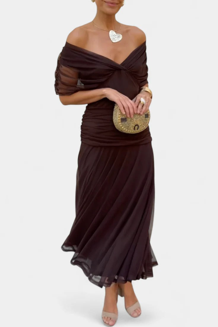 Women's Long Chiffon Dress – V-Neck Printed Short Sleeves