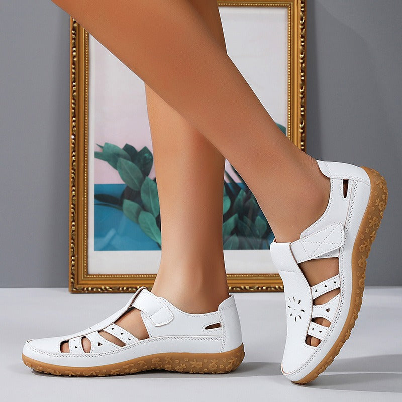 Women's Closed-Toe Sandals – Cutout Upper with Contrasting Topstitching Velcro Closure