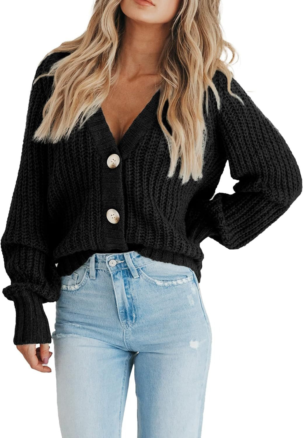 Women's Chunky-Knit Cardigan – Oversized Fit, Balloon Sleeves