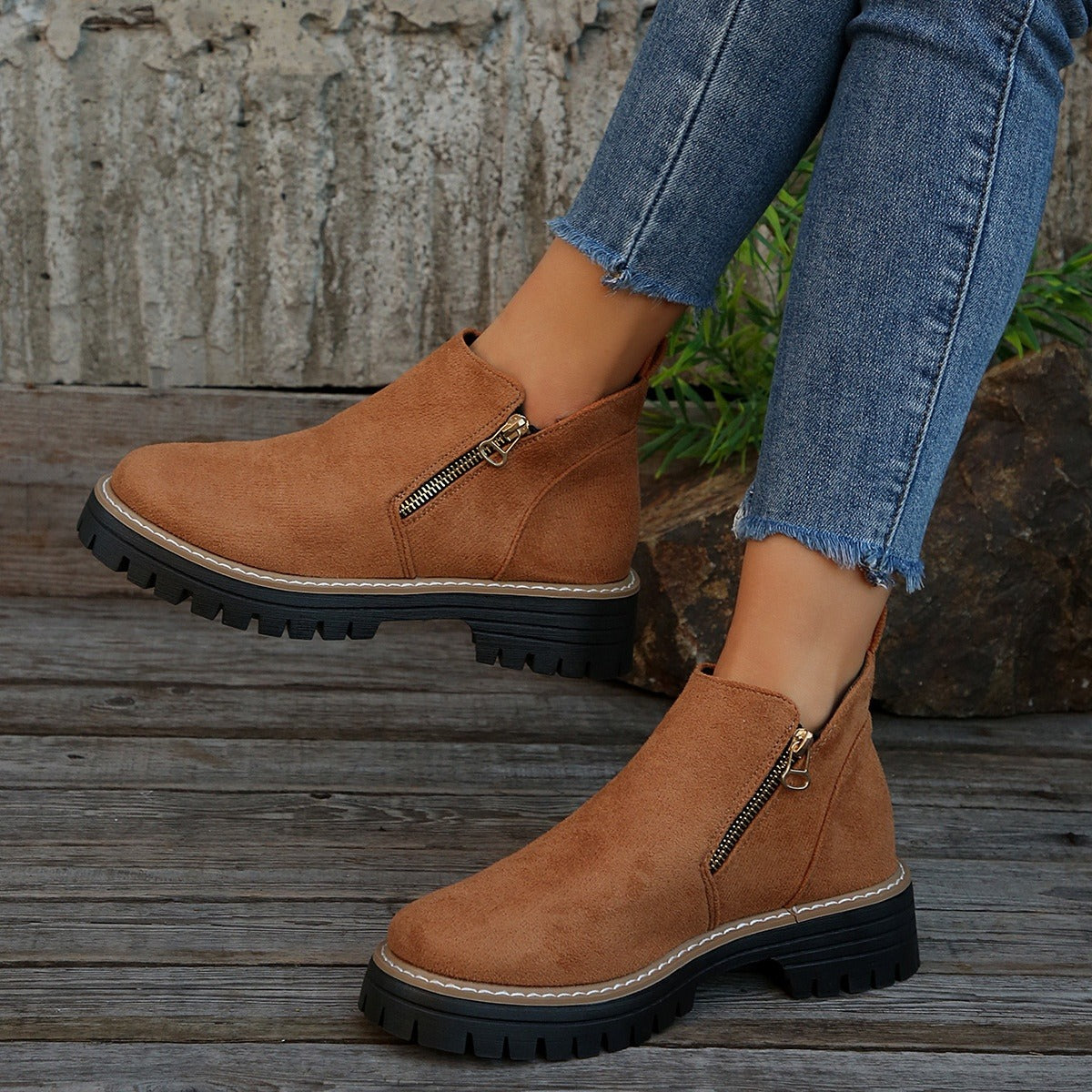Women's Suede-Effect Ankle Boots - Side Zip, Chunky Sole