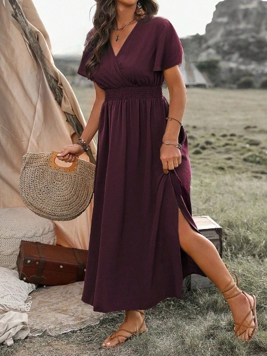 Women's Long Dress with V-Neck, Flared Sleeves – Slit and Elastic Waist