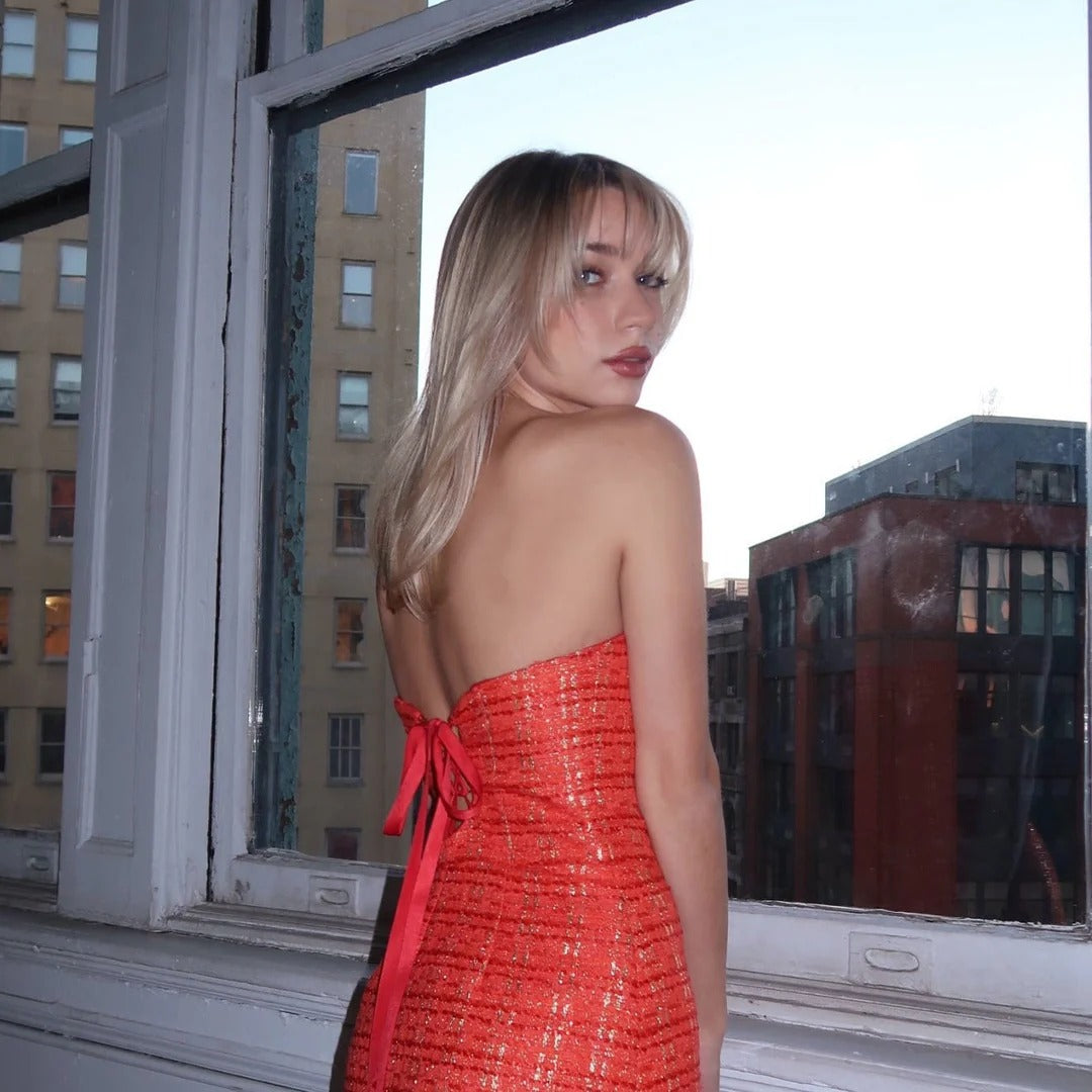 Women's Mini Dress – Backless Bustier, Textured Checkered Fabric
