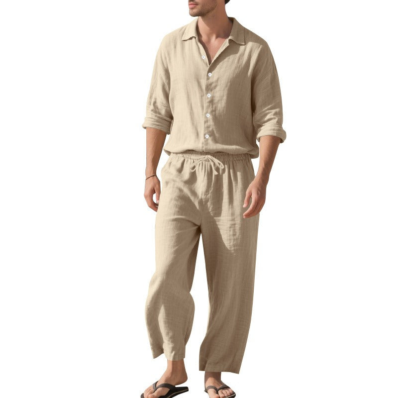 Men's Two-Piece Linen Set – Breathable Shirt and Drawstring Pants