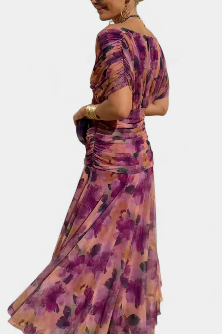 Women's Long Chiffon Dress – V-Neck Printed Short Sleeves