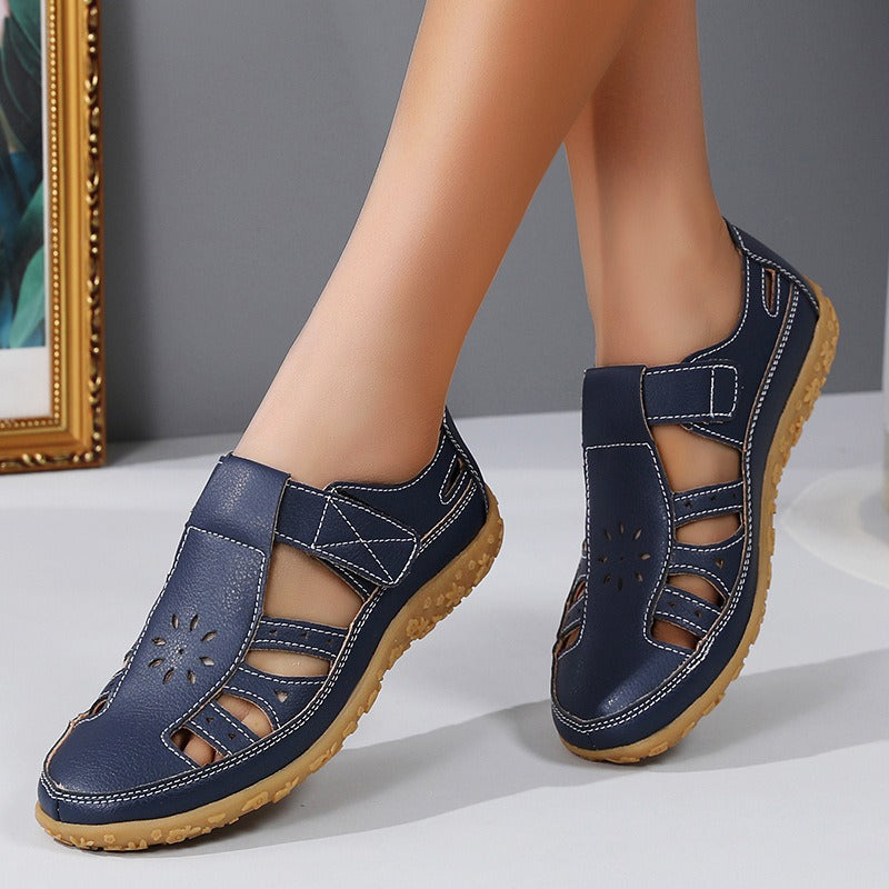 Women's Closed-Toe Sandals – Cutout Upper with Contrasting Topstitching Velcro Closure