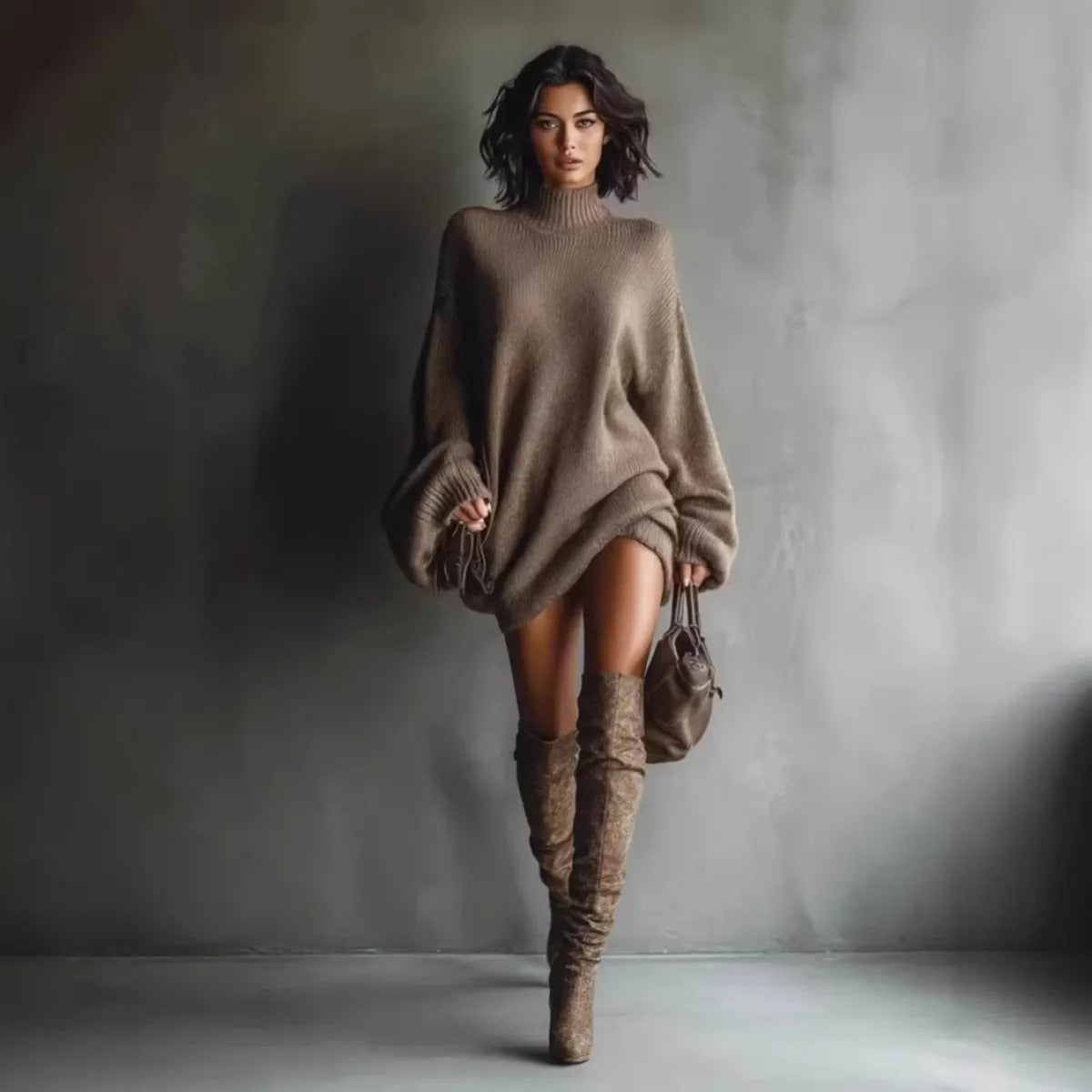 Mini Knitted Dress for Women in Velvet Deer Knitwear – Loose Fit Lantern Sleeves