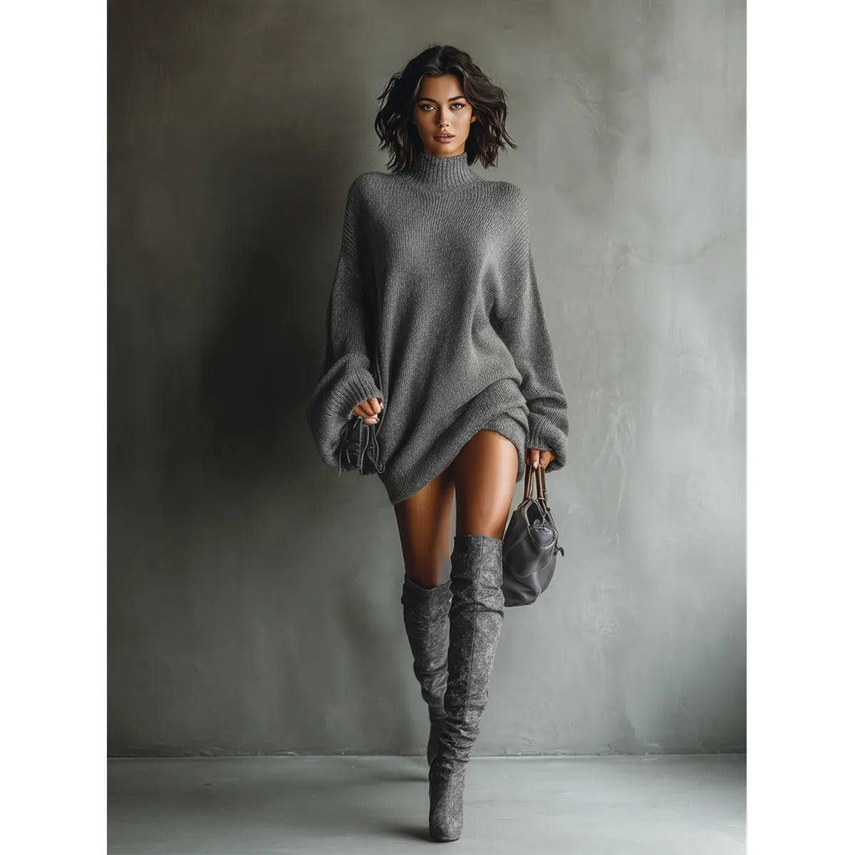 Mini Knitted Dress for Women in Velvet Deer Knitwear – Loose Fit Lantern Sleeves